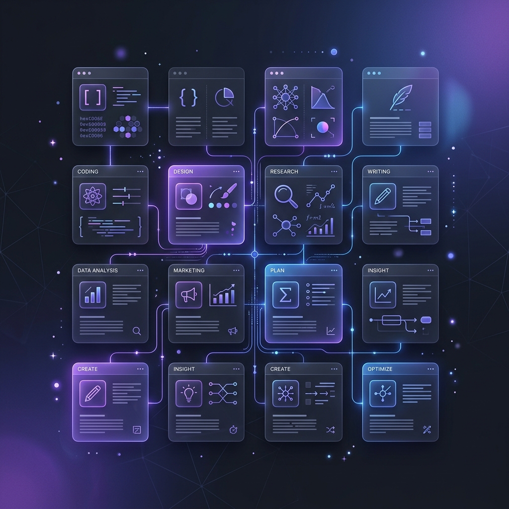 Abstract representation of AI prompt categories including coding, design, research, and writing